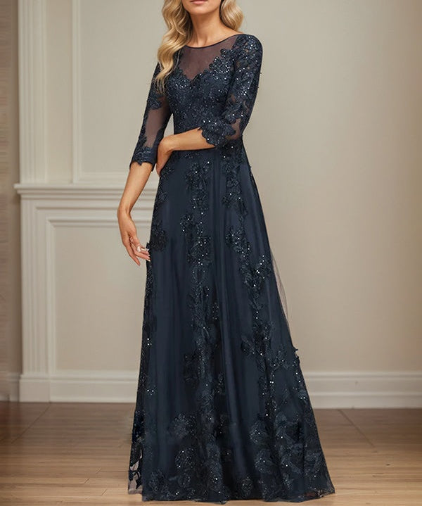 A-line Scoop Illusion Floor-Length Tulle Lace Mother of the Bride Dress With Sequins