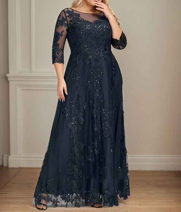 A-line Scoop Illusion Floor-Length Tulle Lace Mother of the Bride Dress With Sequins
