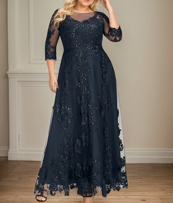 A-line Scoop Illusion Floor-Length Tulle Lace Mother of the Bride Dress With Sequins
