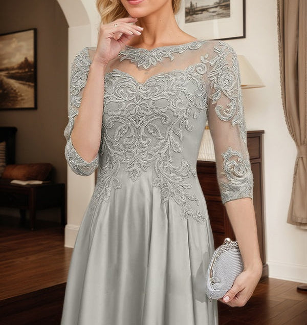Silver A-line Illusion Scoop Tea-Length Lace Satin Mother of the Bride Dress With Beading Sequins