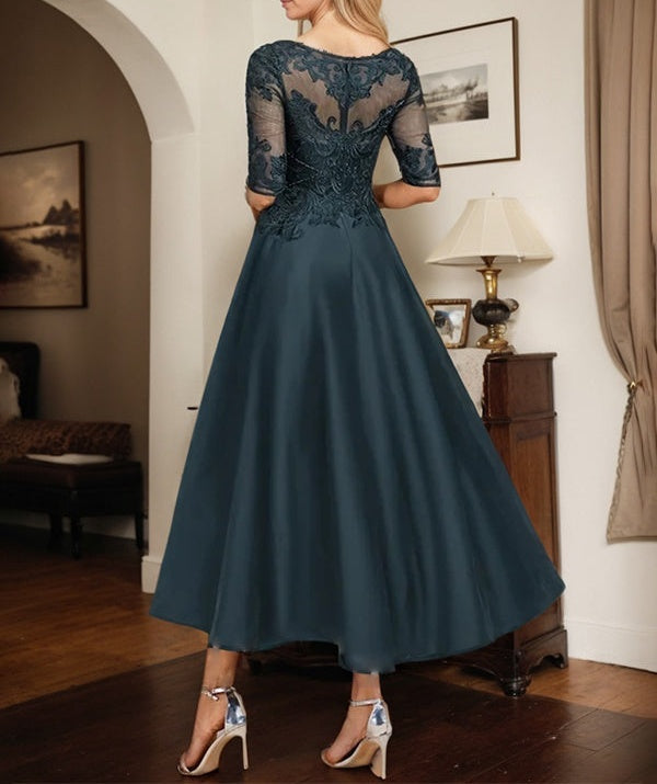 Dark Navy A-line Boat Neck Illusion Asymmetrical Lace Satin Mother of the Bride Dress With Beading