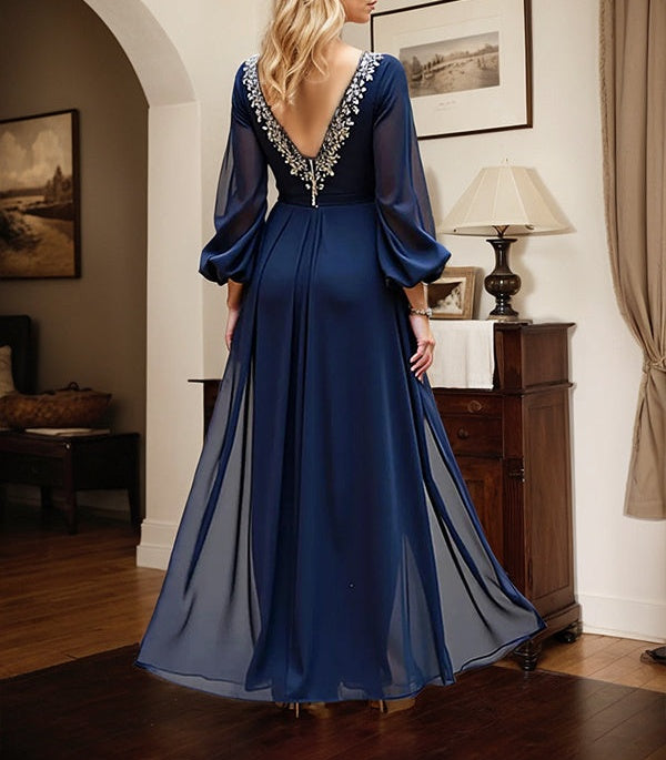 Navy A Line Long Sleeves Long Mother of the Bride Dress with Slit