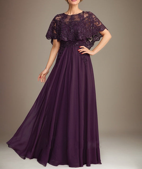 A-line Boat Neck Floor-Length Lace Chiffon Mother of the Bride Dress With Applique Sequins