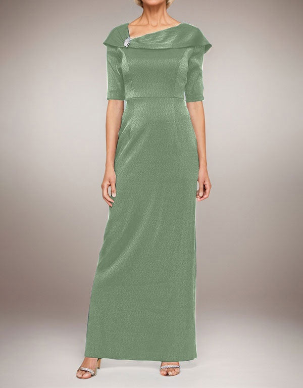Long Shimmer Column Dress with Foldover Cuff L-Neckline and Elbow Sleeves