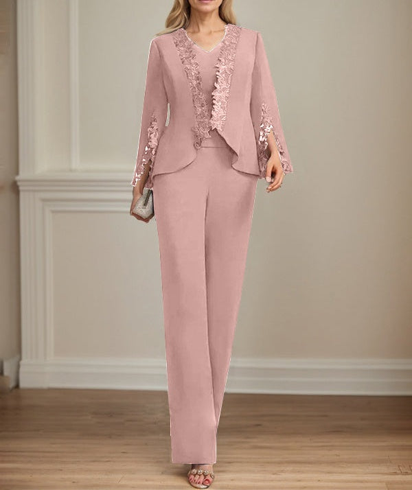 Separates Jumpsuit/Pantsuit V-Neck Floor-Length Chiffon Mother of the Bride Dress