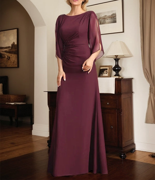Sheath/Column Scoop Floor-Length Chiffon Mother of the Bride Dress With Pleated Beading