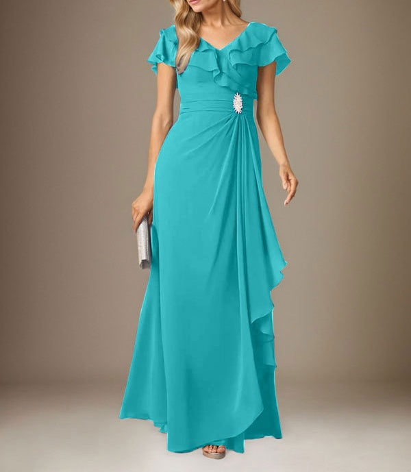 Stormy A-Line V-Neck Ruched Chiffon Dress