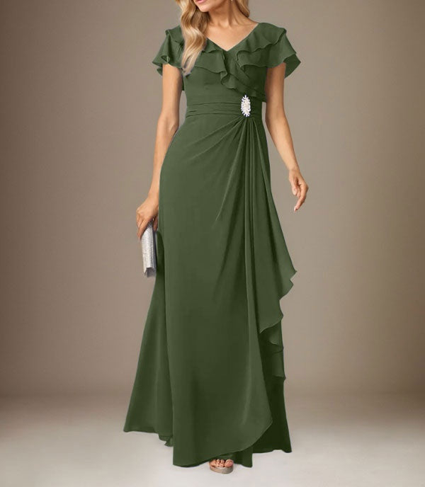 Stormy A-Line V-Neck Ruched Chiffon Dress