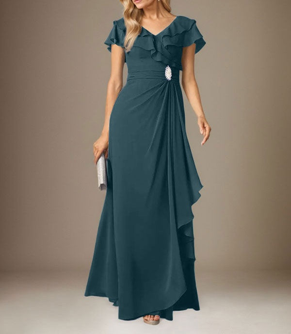 Stormy A-Line V-Neck Ruched Chiffon Dress