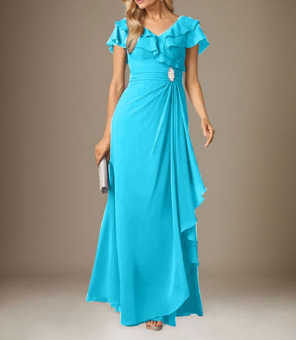 Stormy A-Line V-Neck Ruched Chiffon Dress