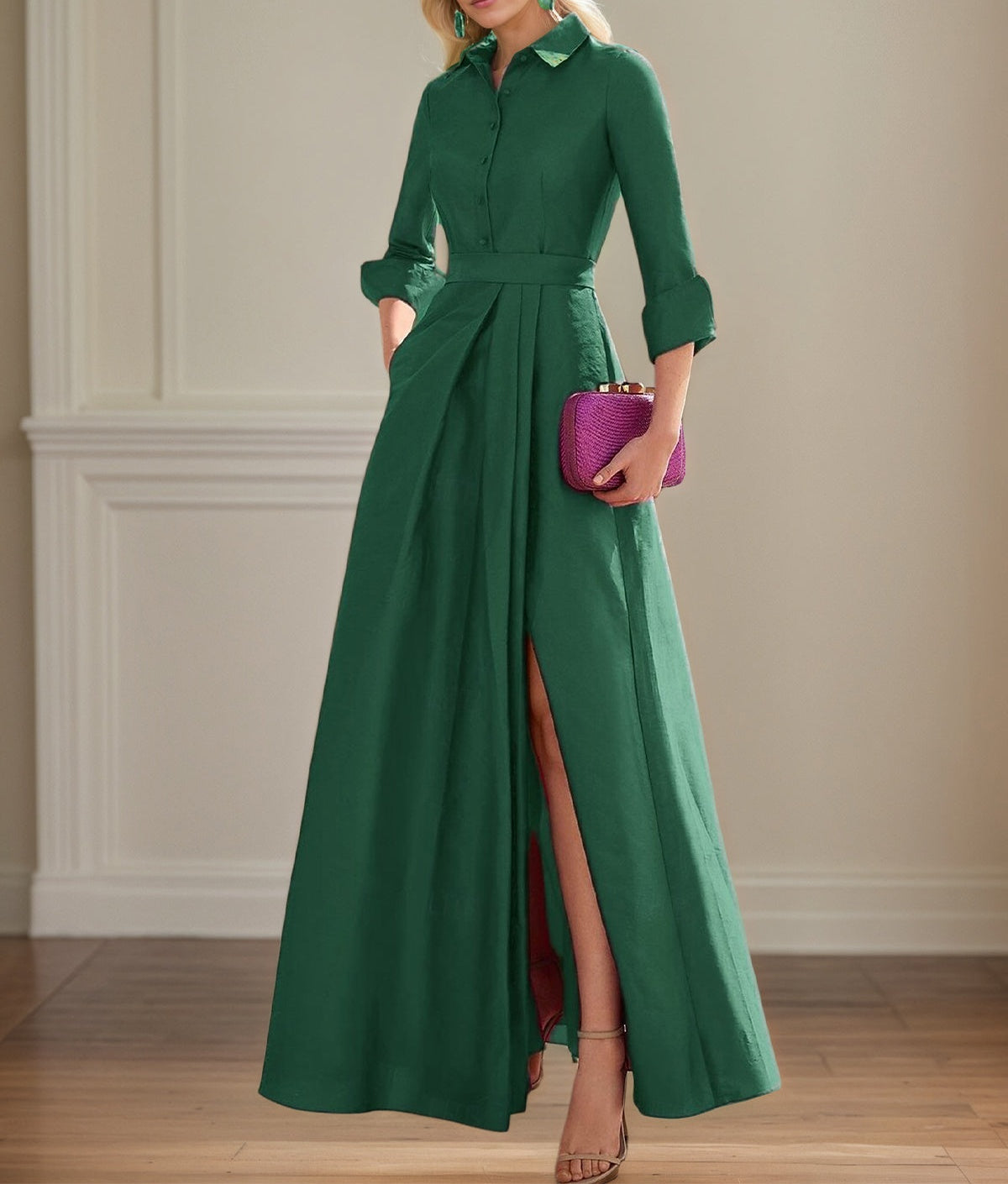 A Line High Neck 3/4 Sleeves Floor Length Mother of the Bride Dresses