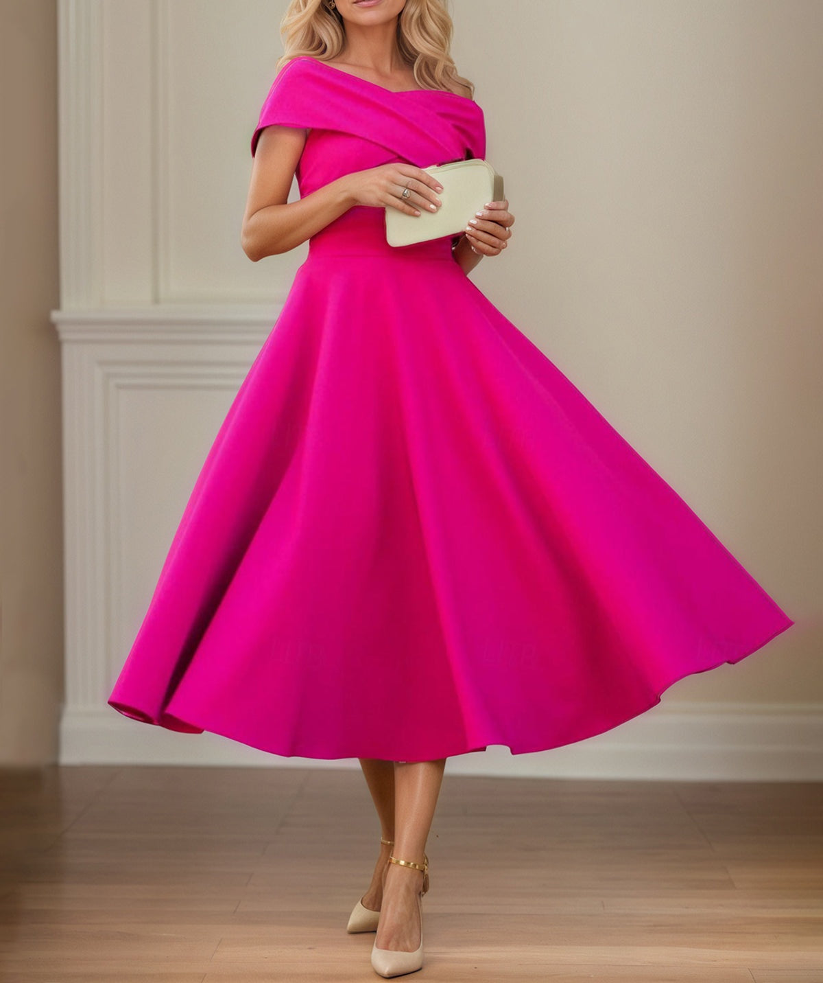 Fuchsia Stretch Crepe A Line Off The Shoulder Short Sleeves Tea Length Mother of the Bride Dresses