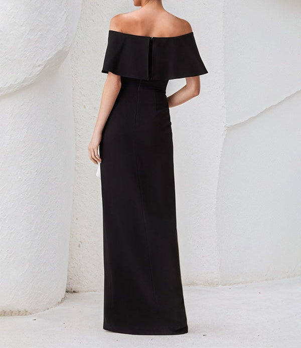 Sheath/Column Off The Shoulder Asymmetrical Length Dress With White Ruffles