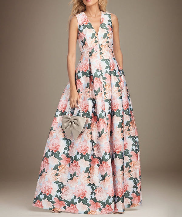 A-line V-Neck Peach Peonies Mother of the Bride Dress
