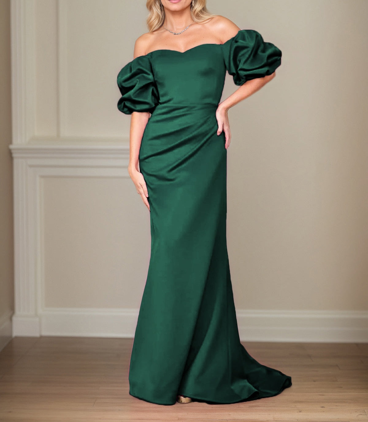 Satin Sheath/Column Off The Shoulder Puff Sleeves Floor Length Mother of the Bride Dresses