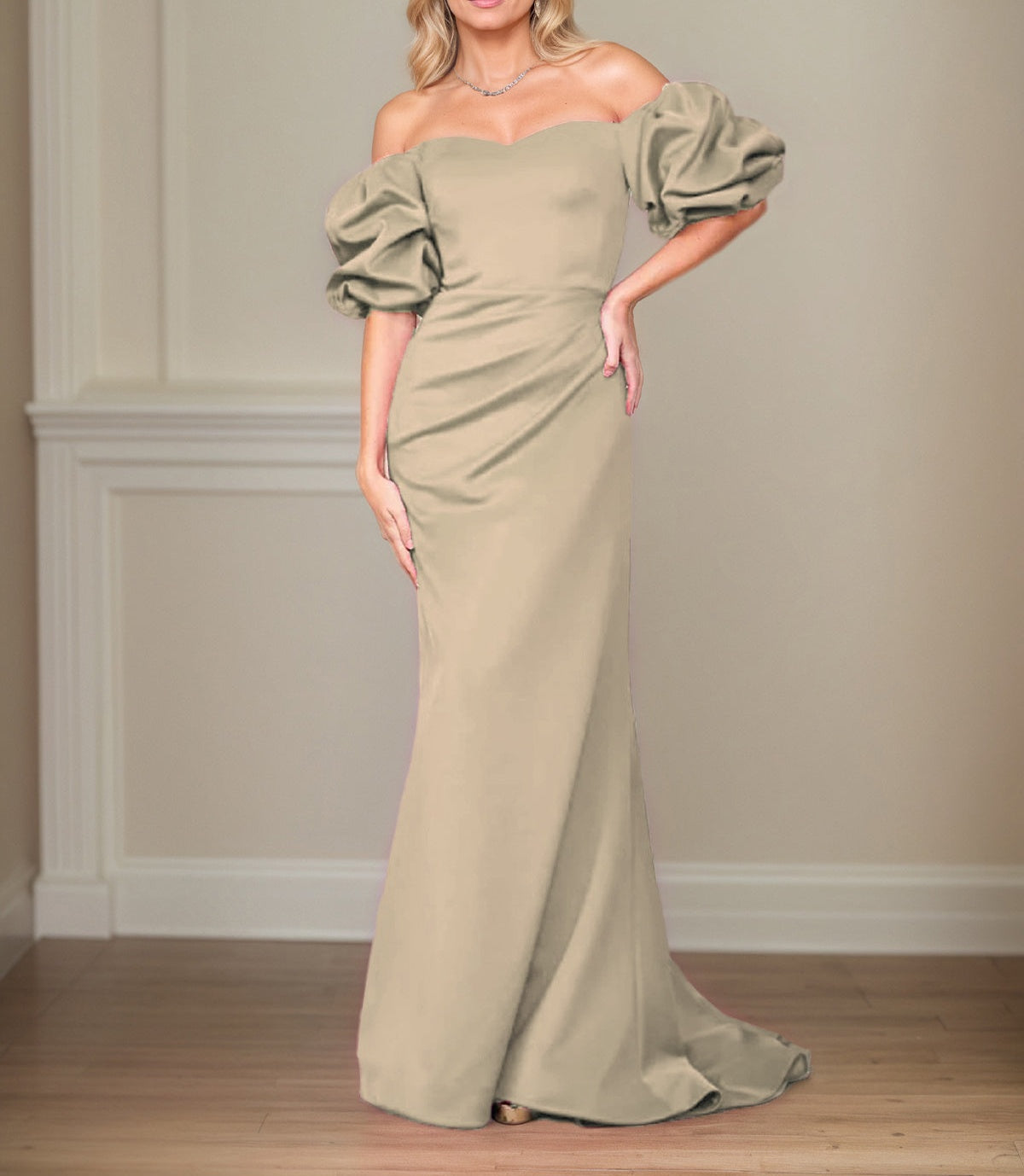 Satin Sheath/Column Off The Shoulder Puff Sleeves Floor Length Mother of the Bride Dresses