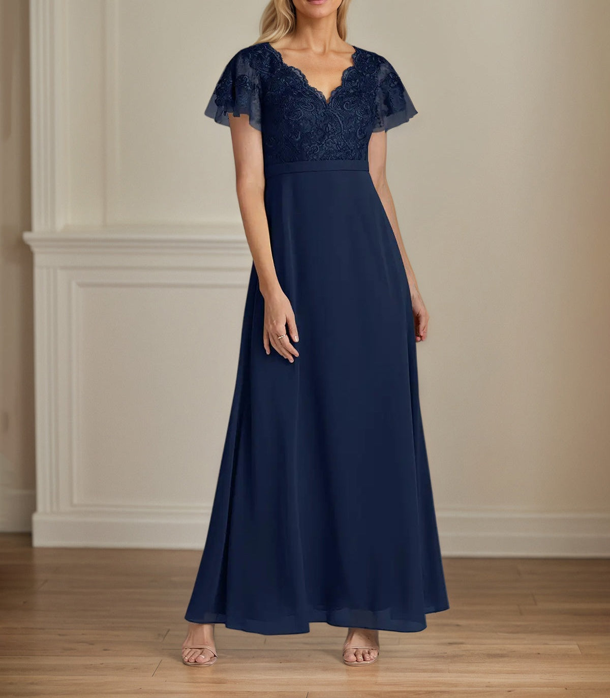 A Line Chiffon V Neck Short Sleeves Floor Length Mother of the Bride Dresses