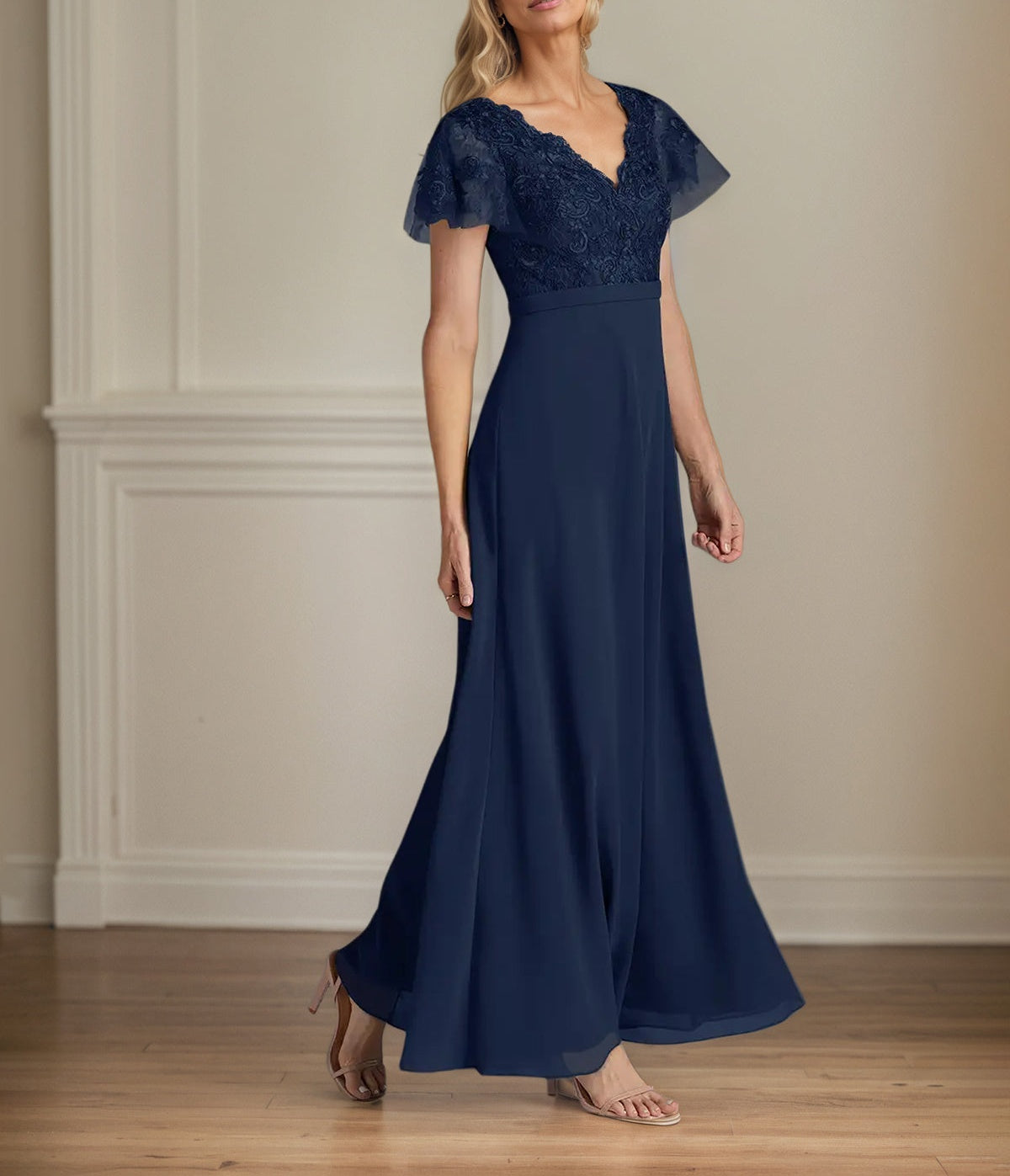 A Line Chiffon V Neck Short Sleeves Floor Length Mother of the Bride Dresses