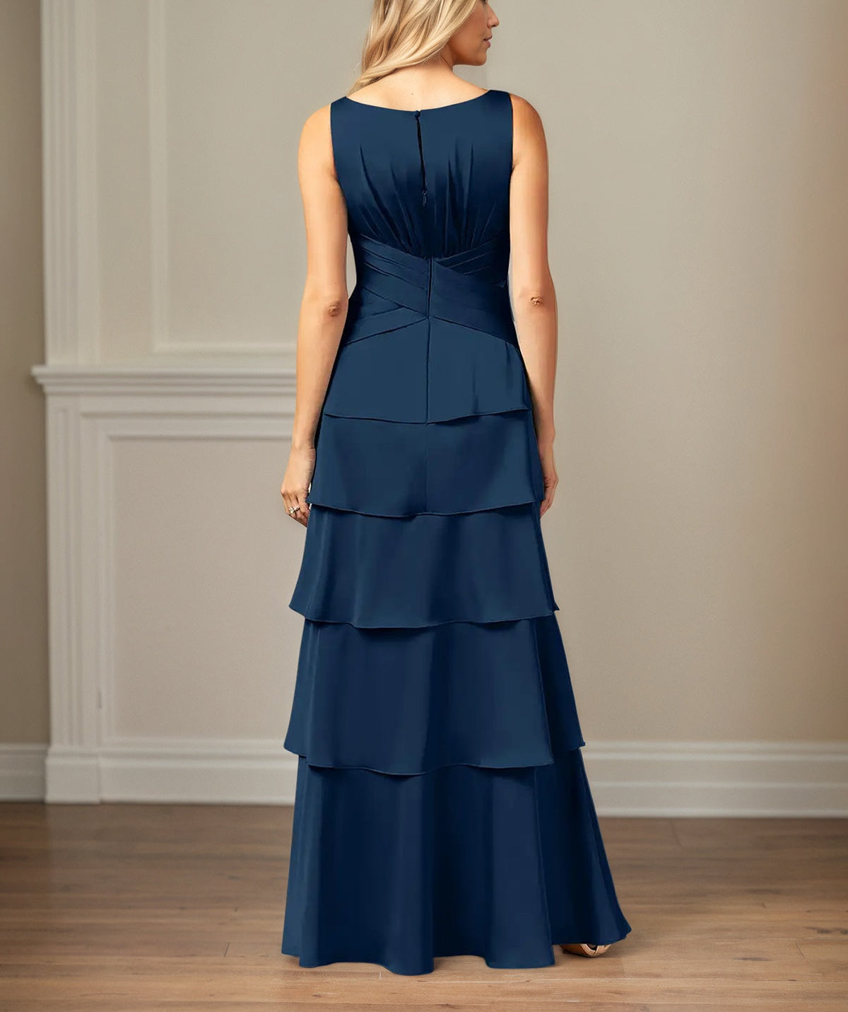 A Line Satin V Neck Sleeveless Floor Length Mother of the Bride Dress With Ruffles