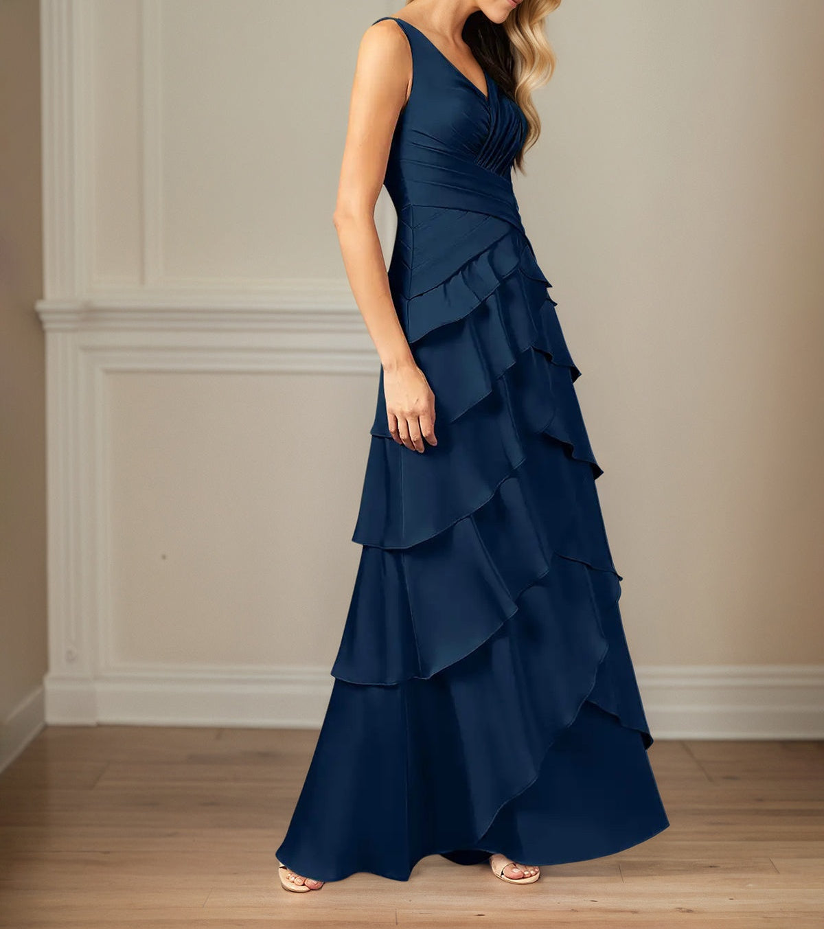 A Line Satin V Neck Sleeveless Floor Length Mother of the Bride Dress With Ruffles