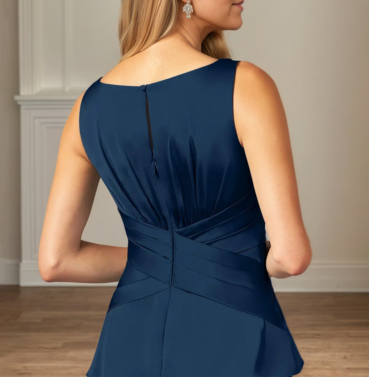 A Line Satin V Neck Sleeveless Floor Length Mother of the Bride Dress With Ruffles