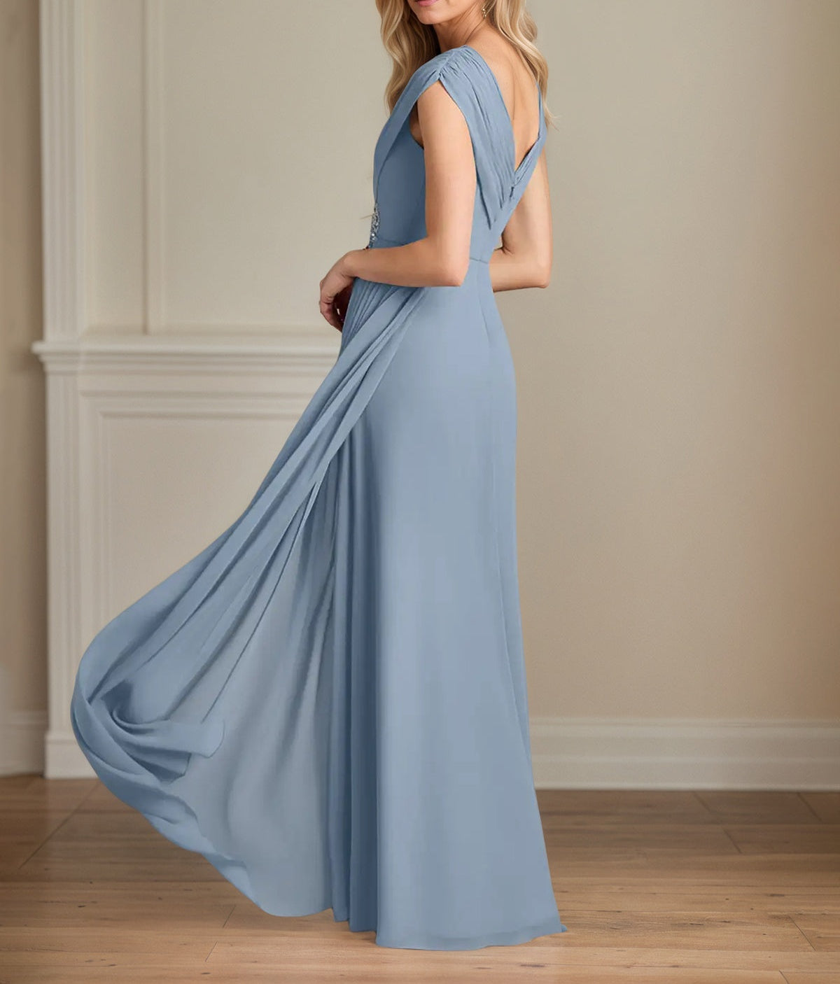 A Line Chiffon V Neck Cap Sleeves Floor Length Mother of the Bride Dresses
