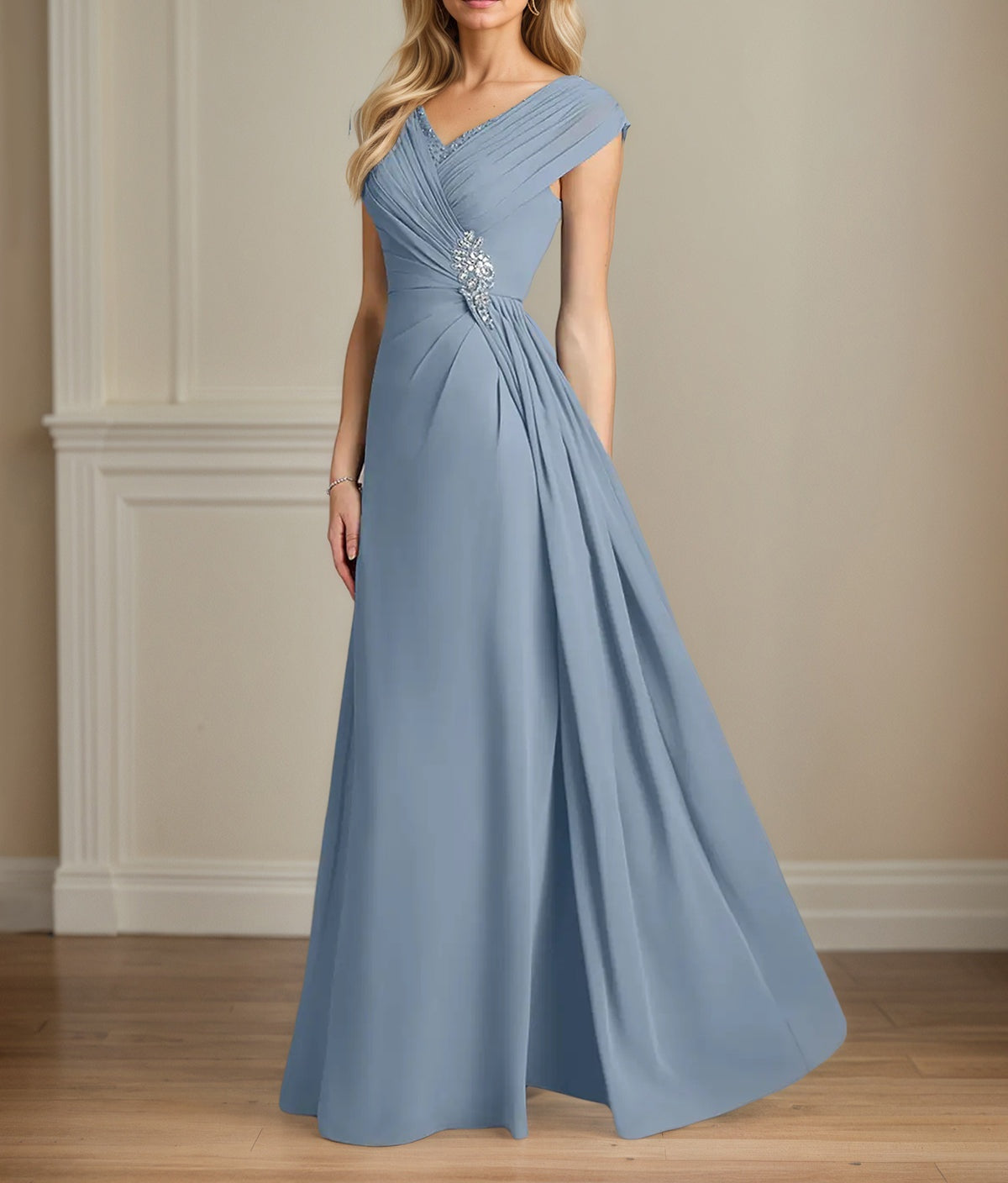 A Line Chiffon V Neck Cap Sleeves Floor Length Mother of the Bride Dresses