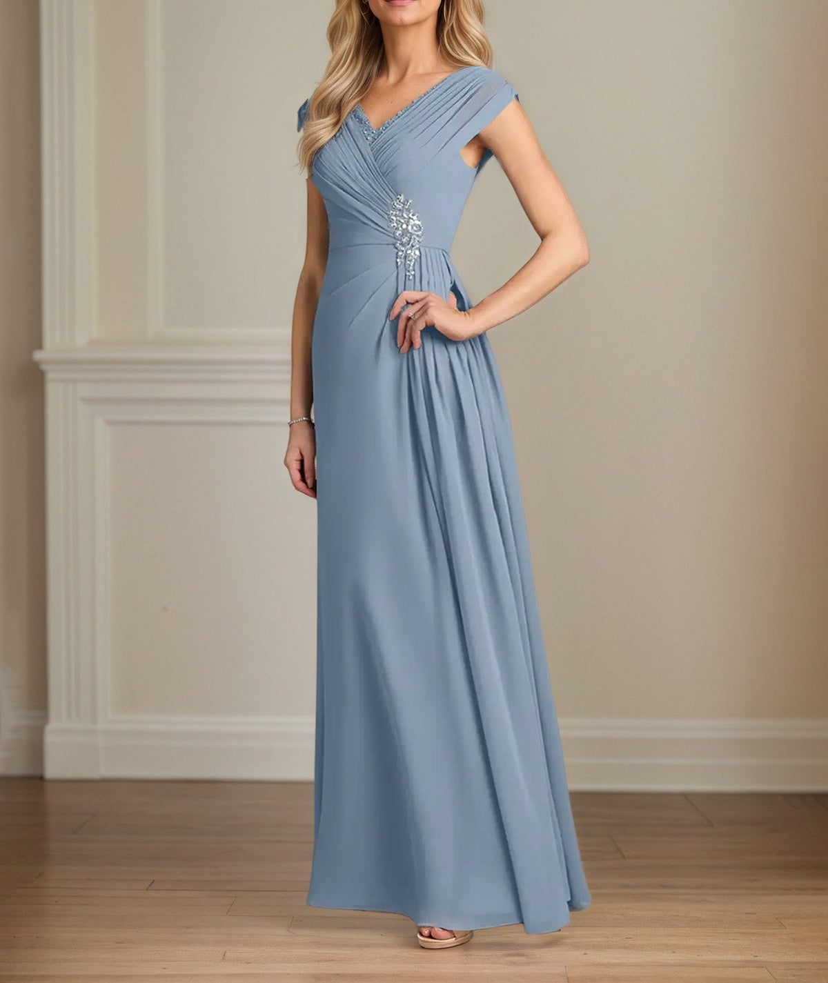 A Line Chiffon V Neck Cap Sleeves Floor Length Mother of the Bride Dresses