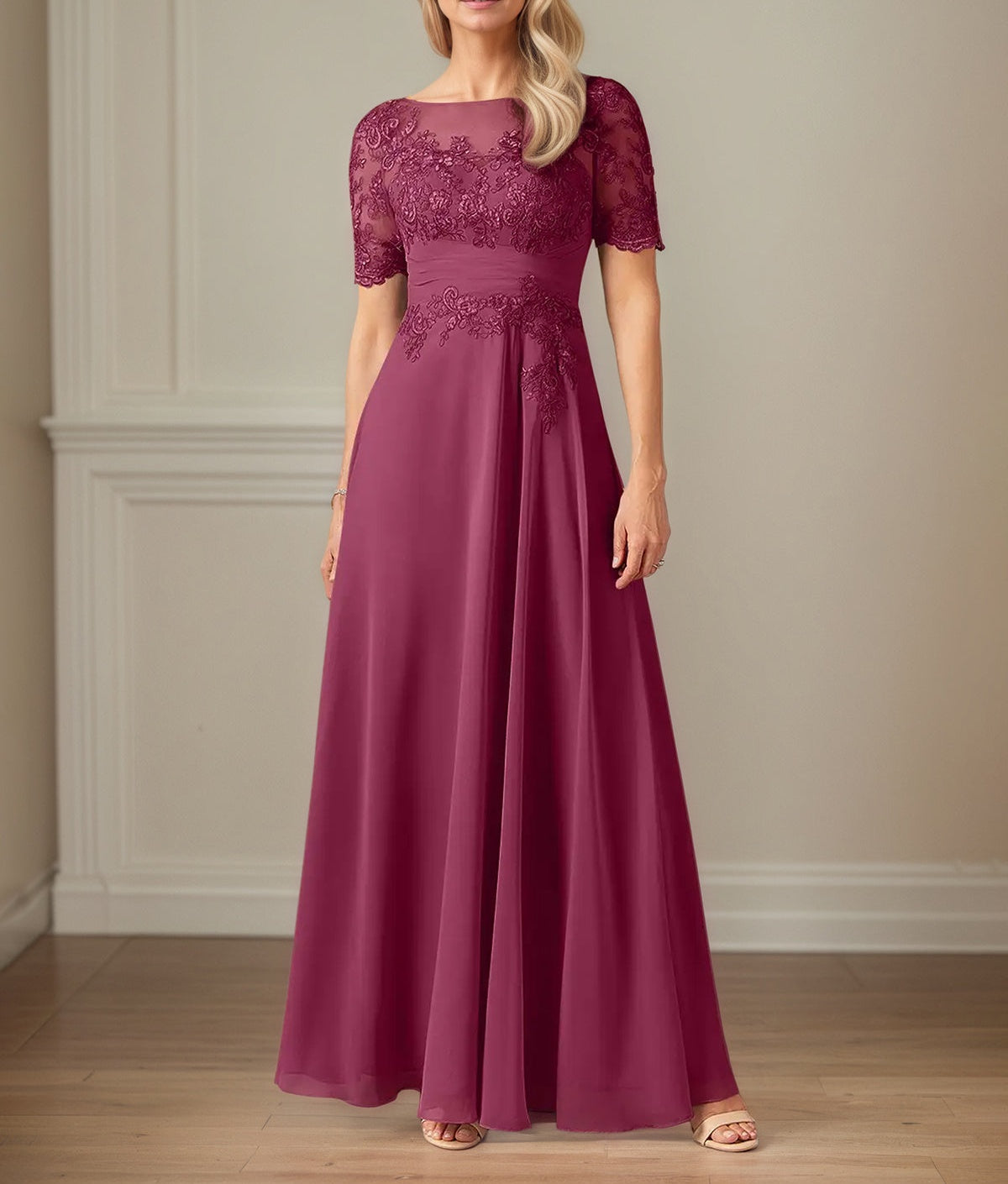A Line Chiffon Scoop Neck Short Sleeves Floor Length Mother of the Bride Dresses With Appliques