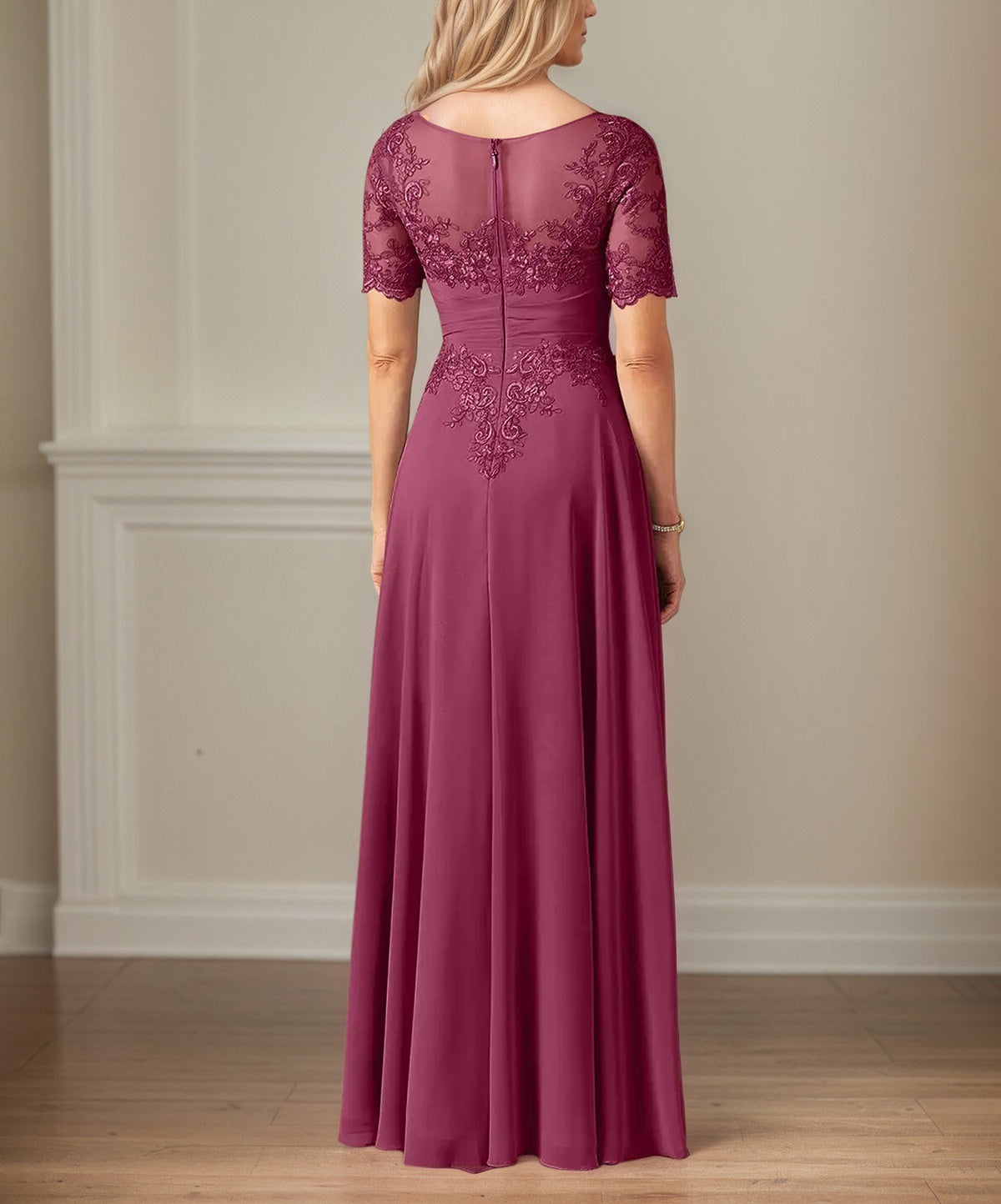 A Line Chiffon Scoop Neck Short Sleeves Floor Length Mother of the Bride Dresses With Appliques