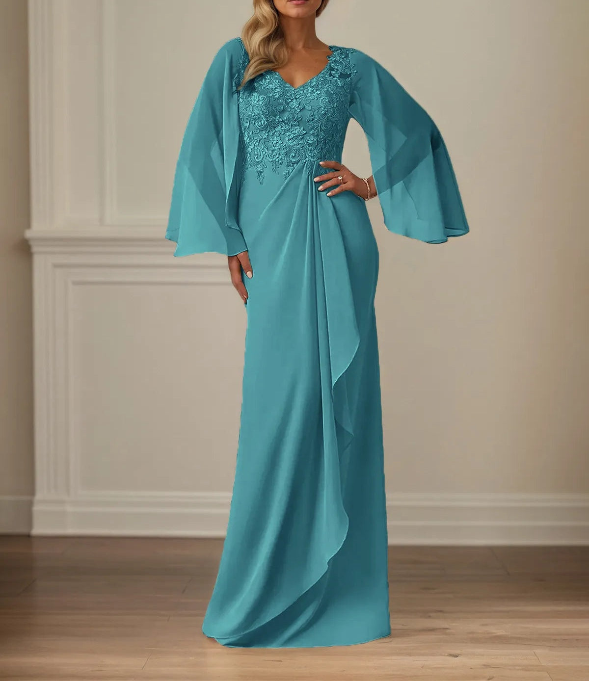 Sheath/Column Chiffon V Neck Long Sleeves Floor Length Mother of the Bride Dresses With Appliques