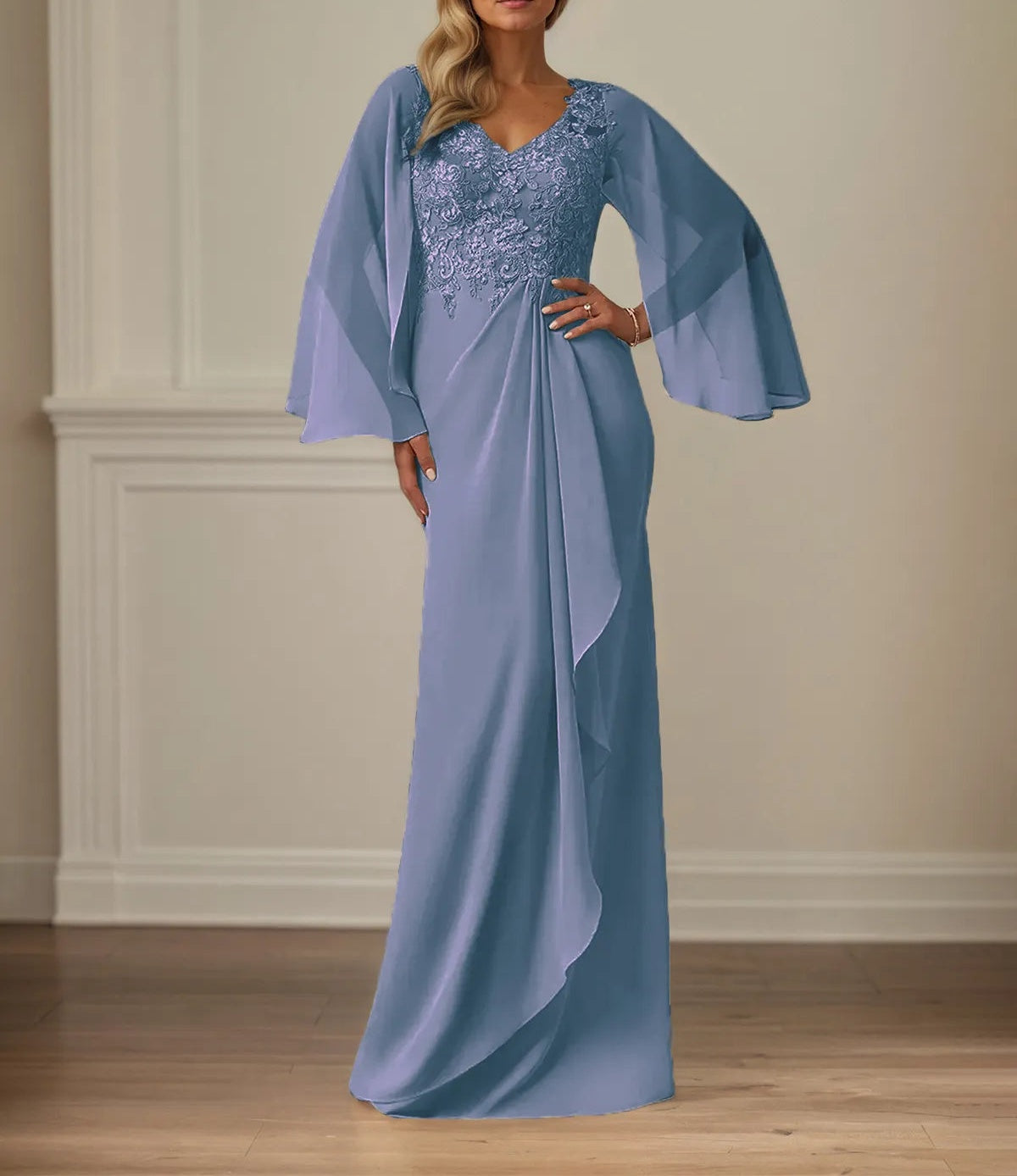Sheath/Column Chiffon V Neck Long Sleeves Floor Length Mother of the Bride Dresses With Appliques