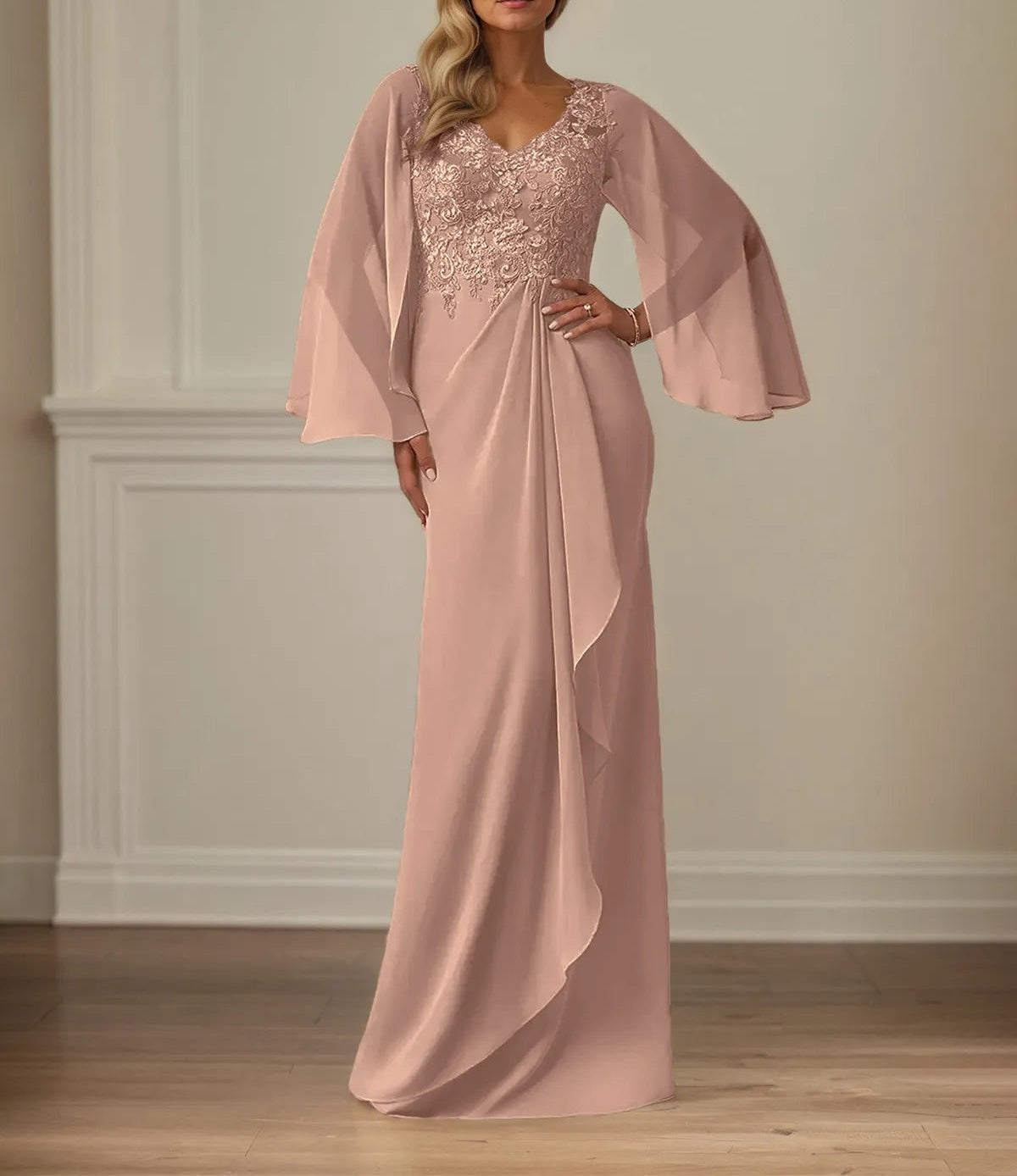 Sheath/Column Chiffon V Neck Long Sleeves Floor Length Mother of the Bride Dresses With Appliques