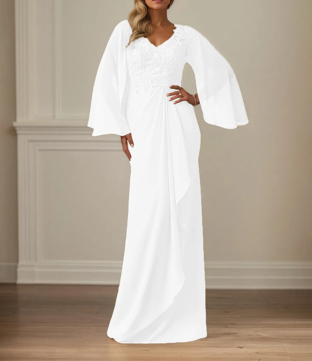 Sheath/Column Chiffon V Neck Long Sleeves Floor Length Mother of the Bride Dresses With Appliques
