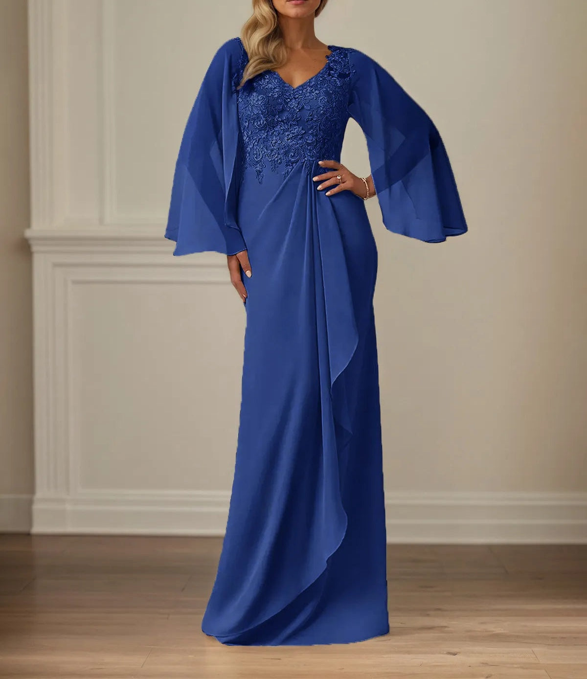 Sheath/Column Chiffon V Neck Long Sleeves Floor Length Mother of the Bride Dresses With Appliques