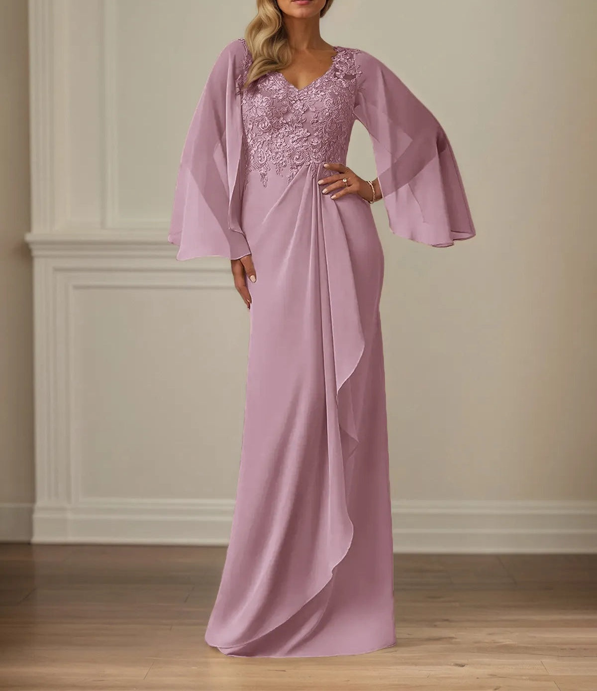 Sheath/Column Chiffon V Neck Long Sleeves Floor Length Mother of the Bride Dresses With Appliques
