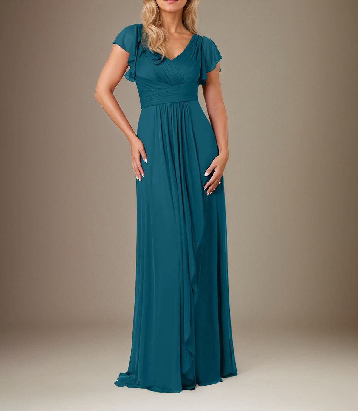 A Line Chiffon V Neck Short Sleeves Floor Length Mother of the Bride Dresses With Ruffles