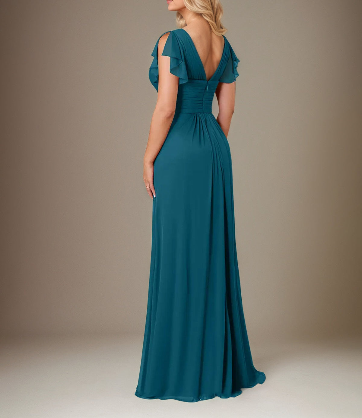 A Line Chiffon V Neck Short Sleeves Floor Length Mother of the Bride Dresses With Ruffles