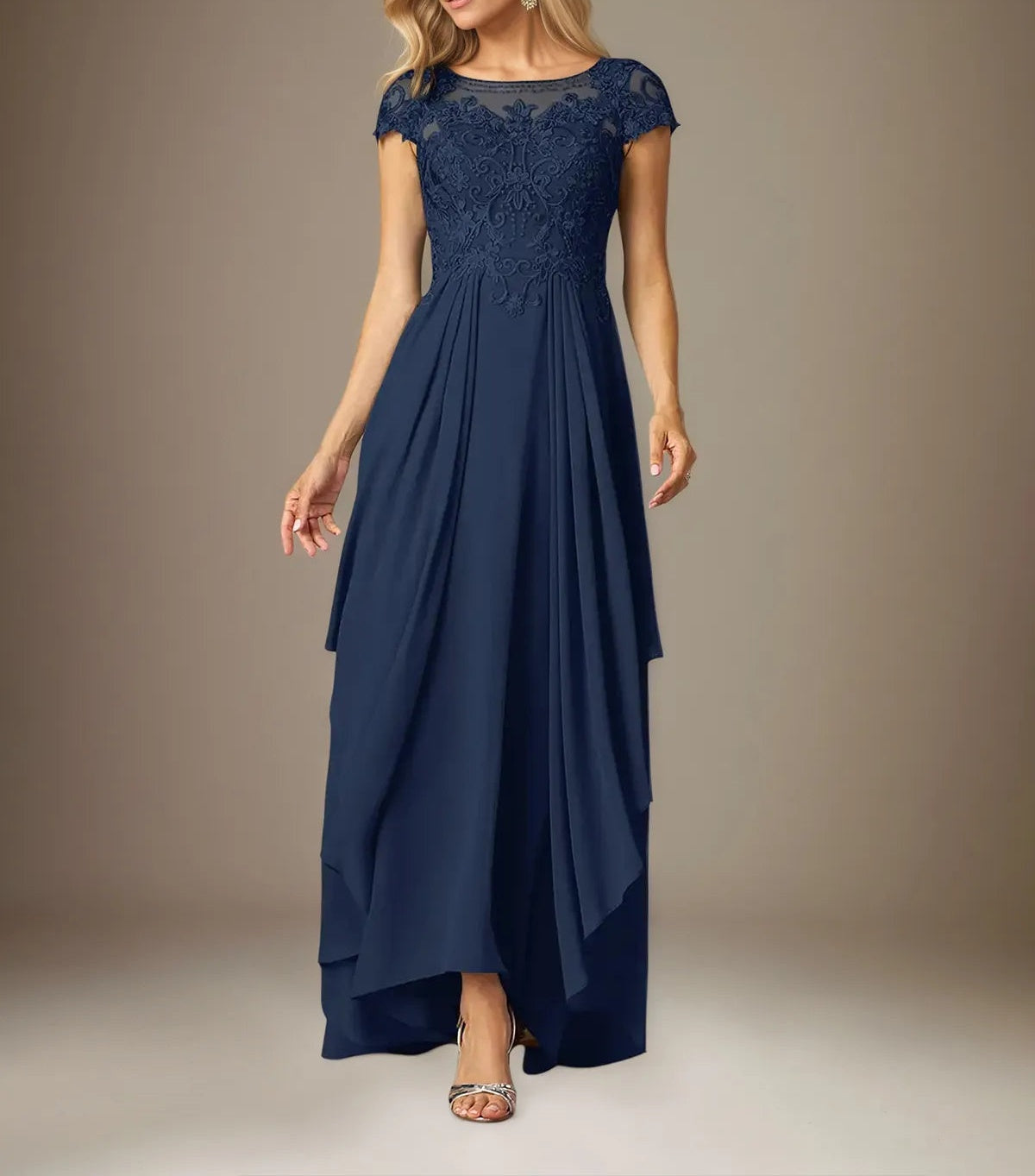 A Line Chiffon Scoop Neck Short Sleeves Floor Length Pleated Mother of the Bride Dresses With Appliques