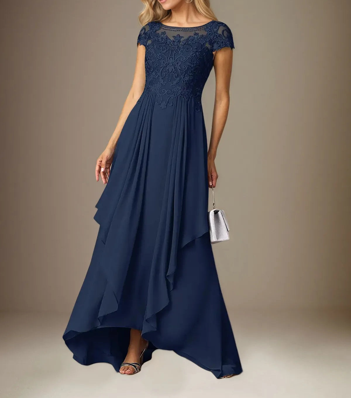 A Line Chiffon Scoop Neck Short Sleeves Floor Length Pleated Mother of the Bride Dresses With Appliques