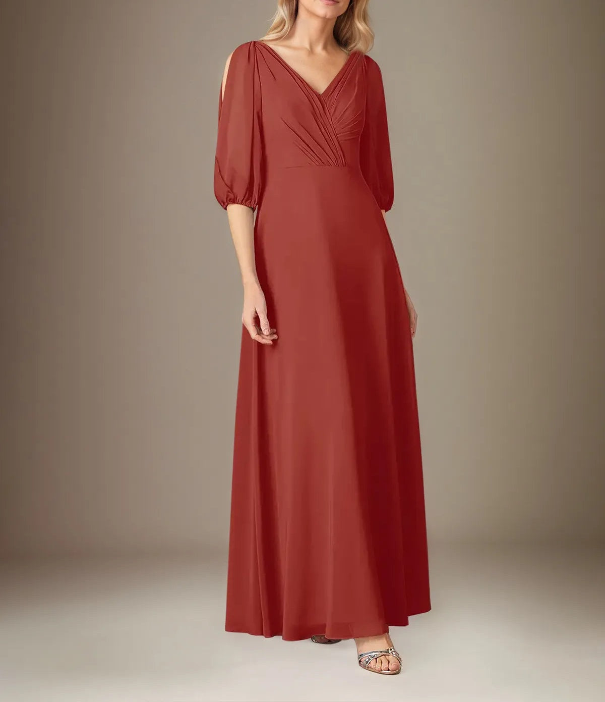 A Line Chiffon V Neck 1/2 Sleeves Floor Length Pleated Mother of the Bride Dresses