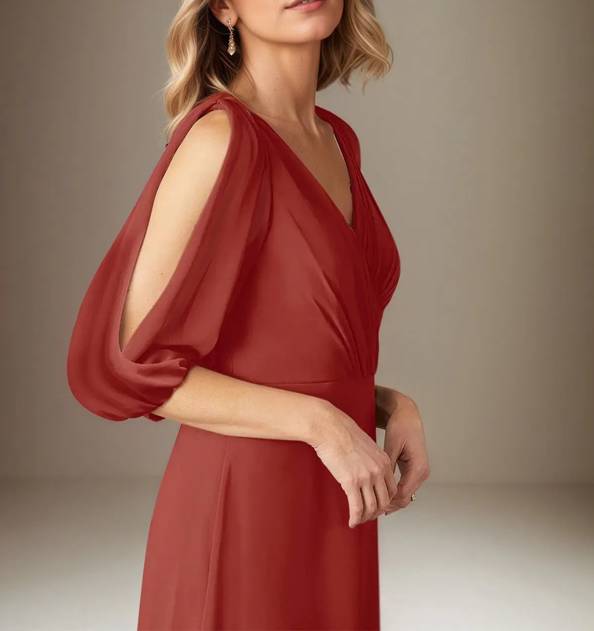 A Line Chiffon V Neck 1/2 Sleeves Floor Length Pleated Mother of the Bride Dresses