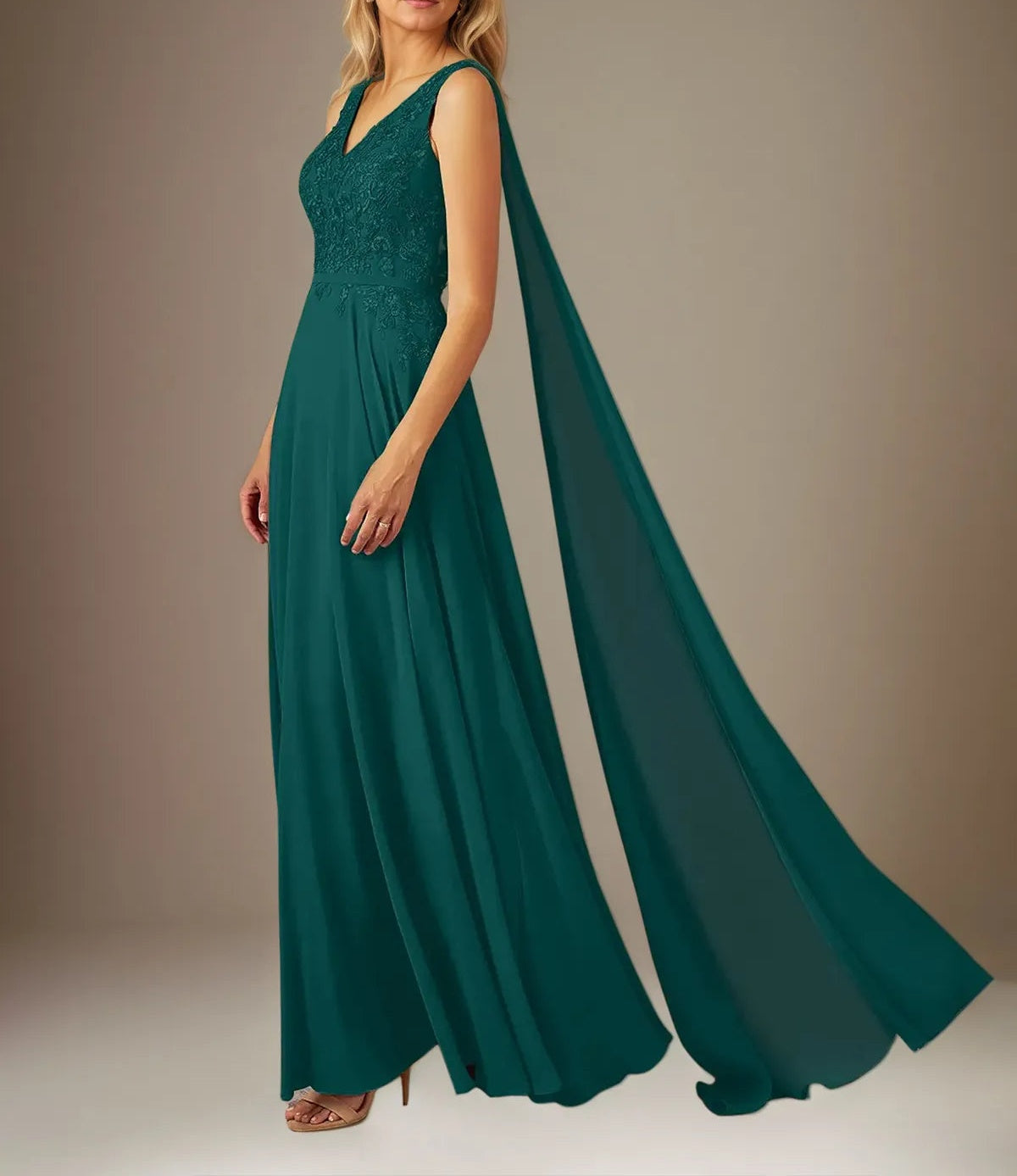 A Line Chiffon V Neck Sleeveless Floor Length Pleated Mother of the Bride Dresses With Appliques