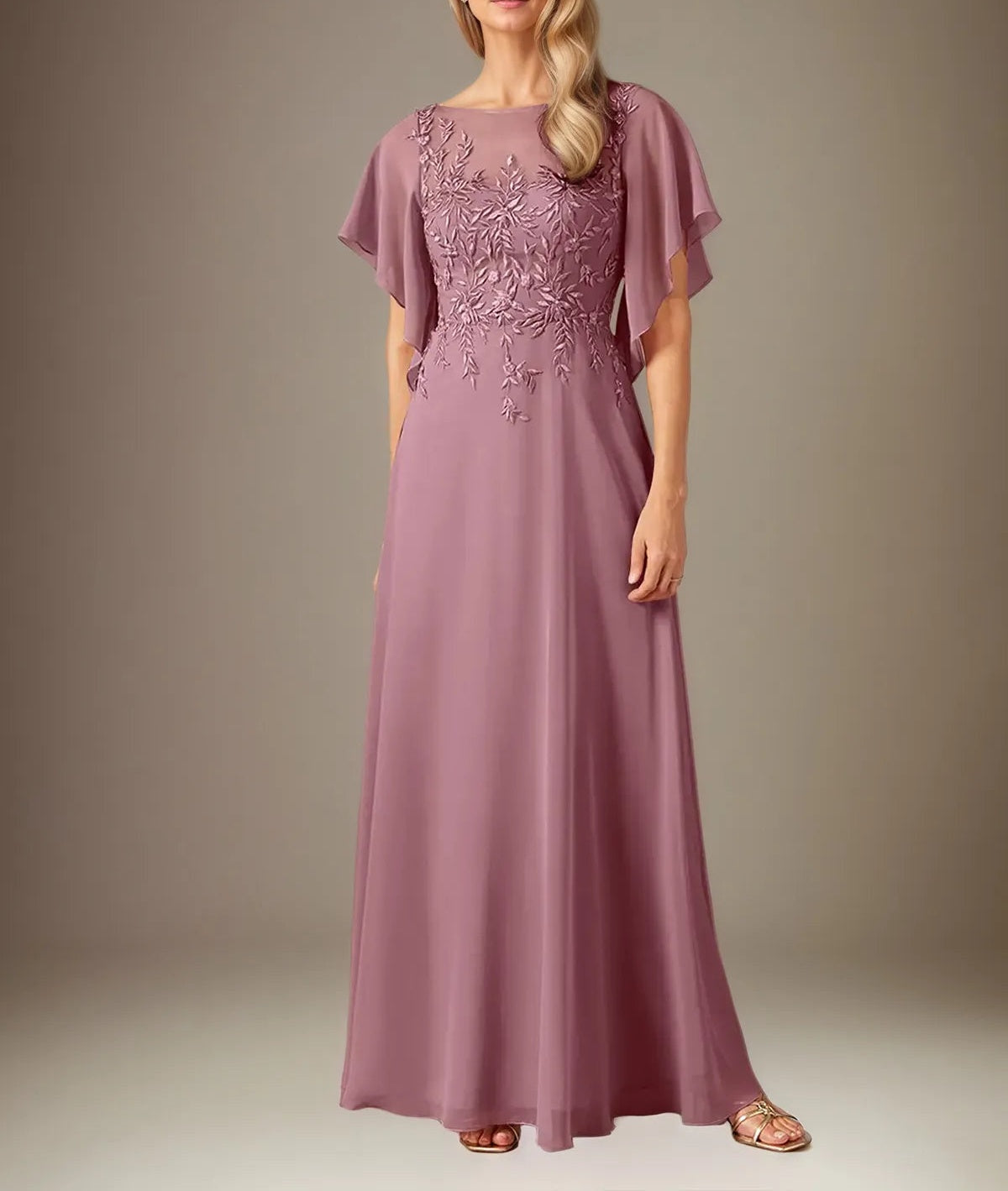 A Line Chiffon Boat Neck Short Sleeves Floor Length Pleated Mother of the Bride Dresses With Appliques