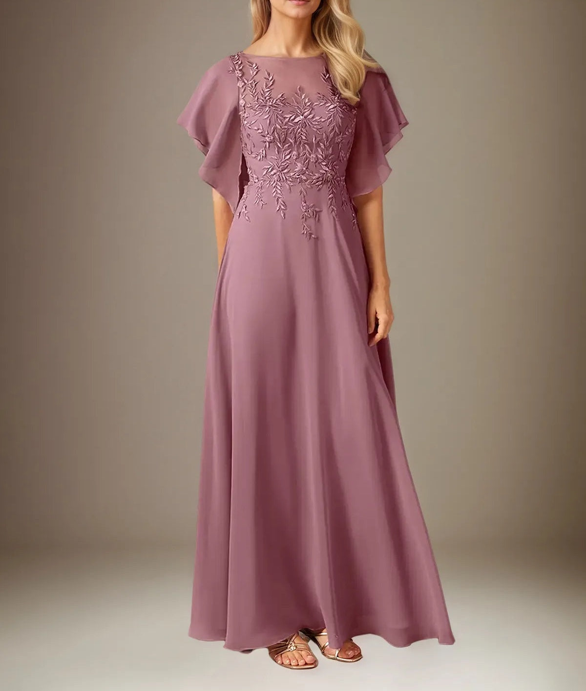 A Line Chiffon Boat Neck Short Sleeves Floor Length Pleated Mother of the Bride Dresses With Appliques