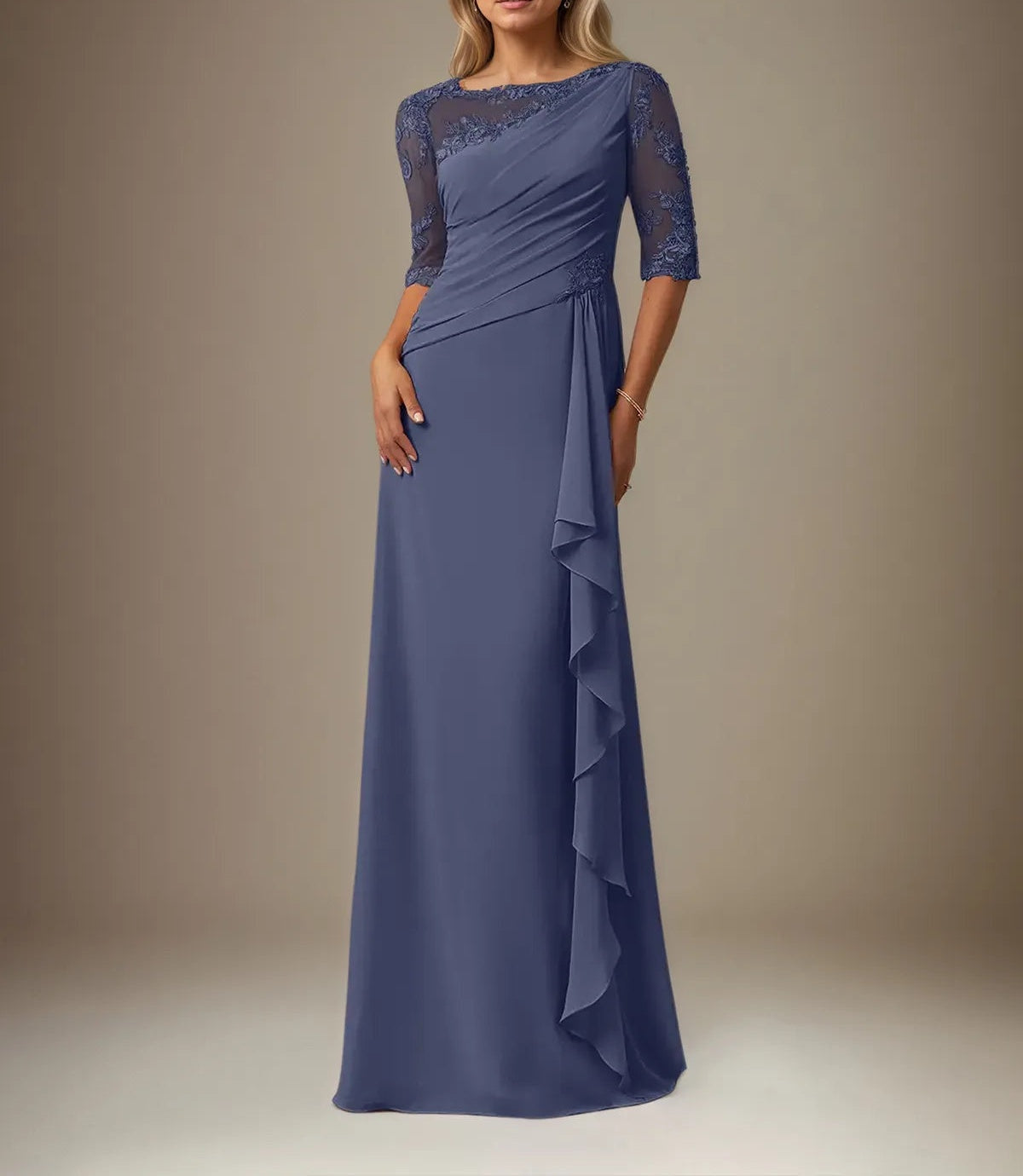 A Line Chiffon Boat Neck 1/2 Sleeves Floor Length Pleated Mother of the Bride Dresses With Appliques