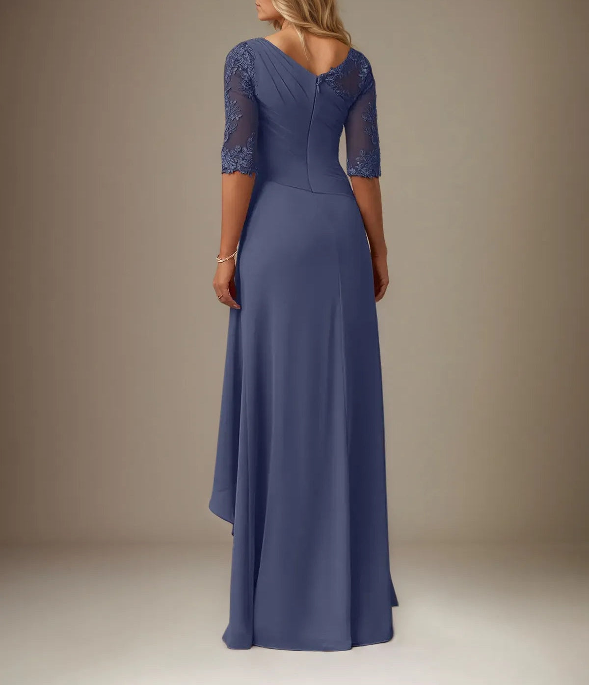 A Line Chiffon Boat Neck 1/2 Sleeves Floor Length Pleated Mother of the Bride Dresses With Appliques