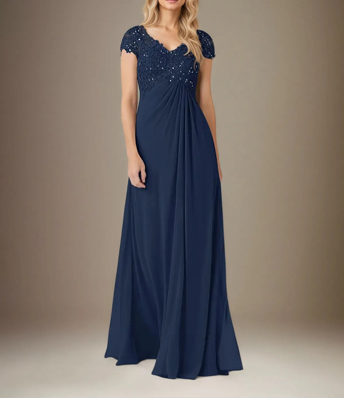 A Line Chiffon V Neck Short Sleeves Floor Length Pleated Mother of the Bride Dresses With Sequins