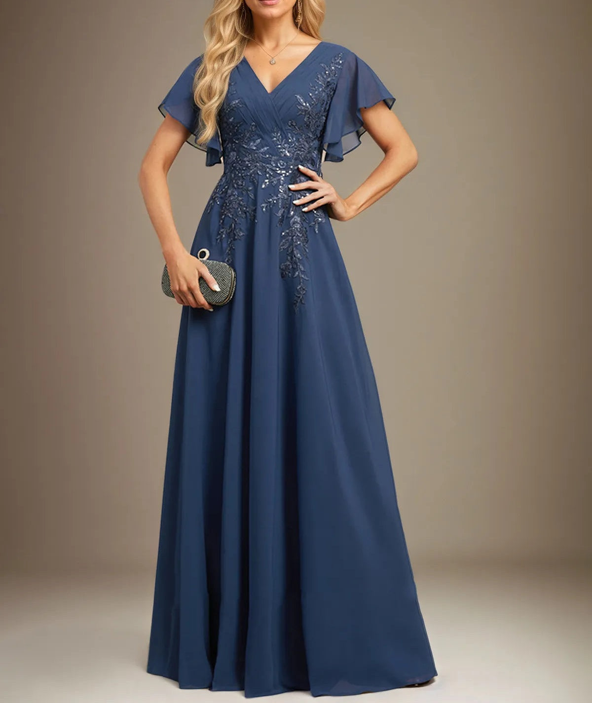 A Line V Neck Floor Length Lace Chiffon Evening Dress With Pleated Sequins