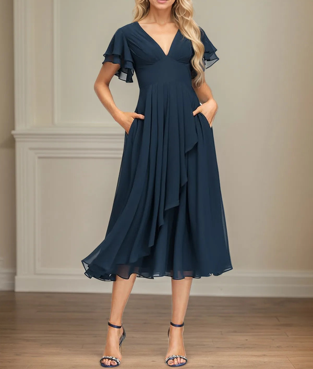 A Line V-Neck Tea Length Chiffon Dress With Cascading Ruffles